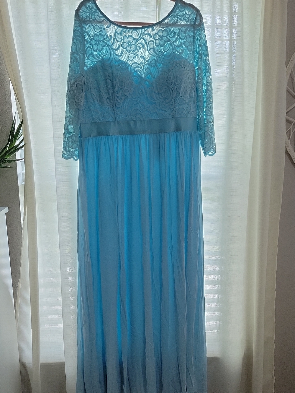 Ever Pretty Light Blue Lace Maxi Dress with Three-Quarter Sleeves